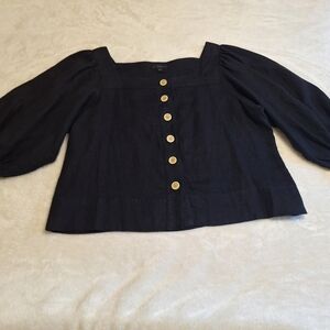 J.Crew Squareneck Black button-up top 100% Linen Blouse Size XL Balloon Sleeve